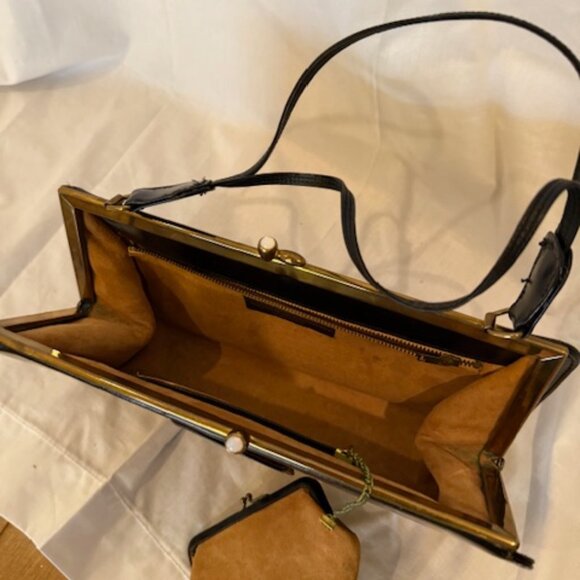 VINTAGE BLACK LEATHER PURSE HANDBAG Made in England - Picture 5 of 9